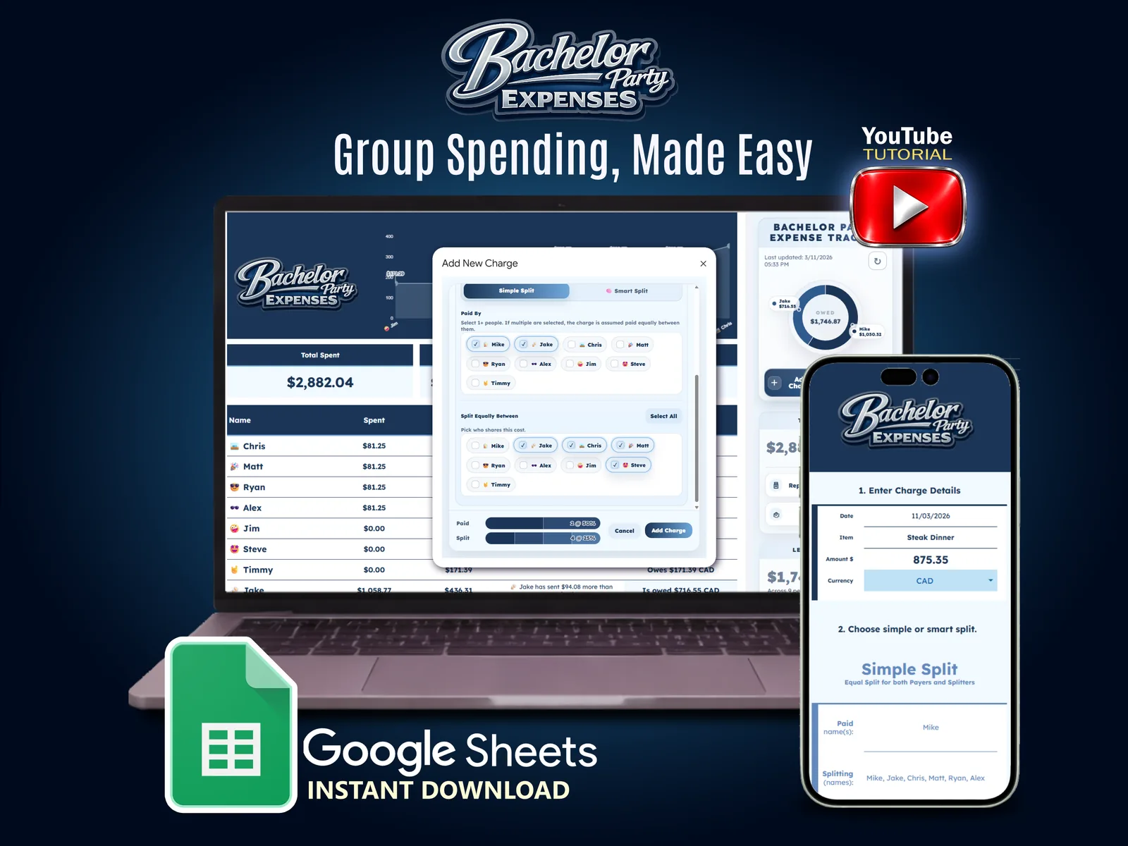 Bachelor Party Expense Tracker on a laptop and phone, adding a new charge