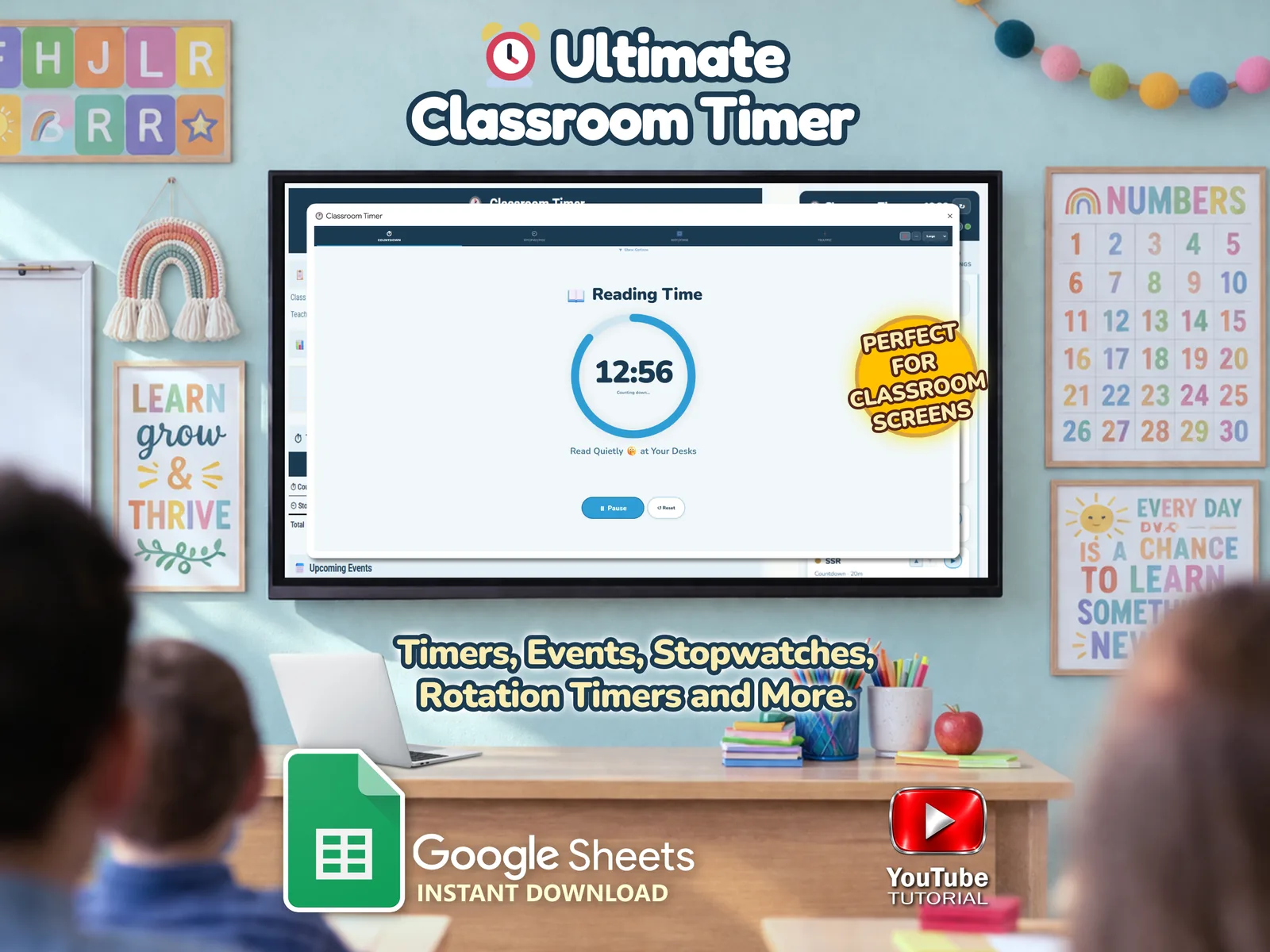Classroom Timer counting down Reading Time on a classroom screen